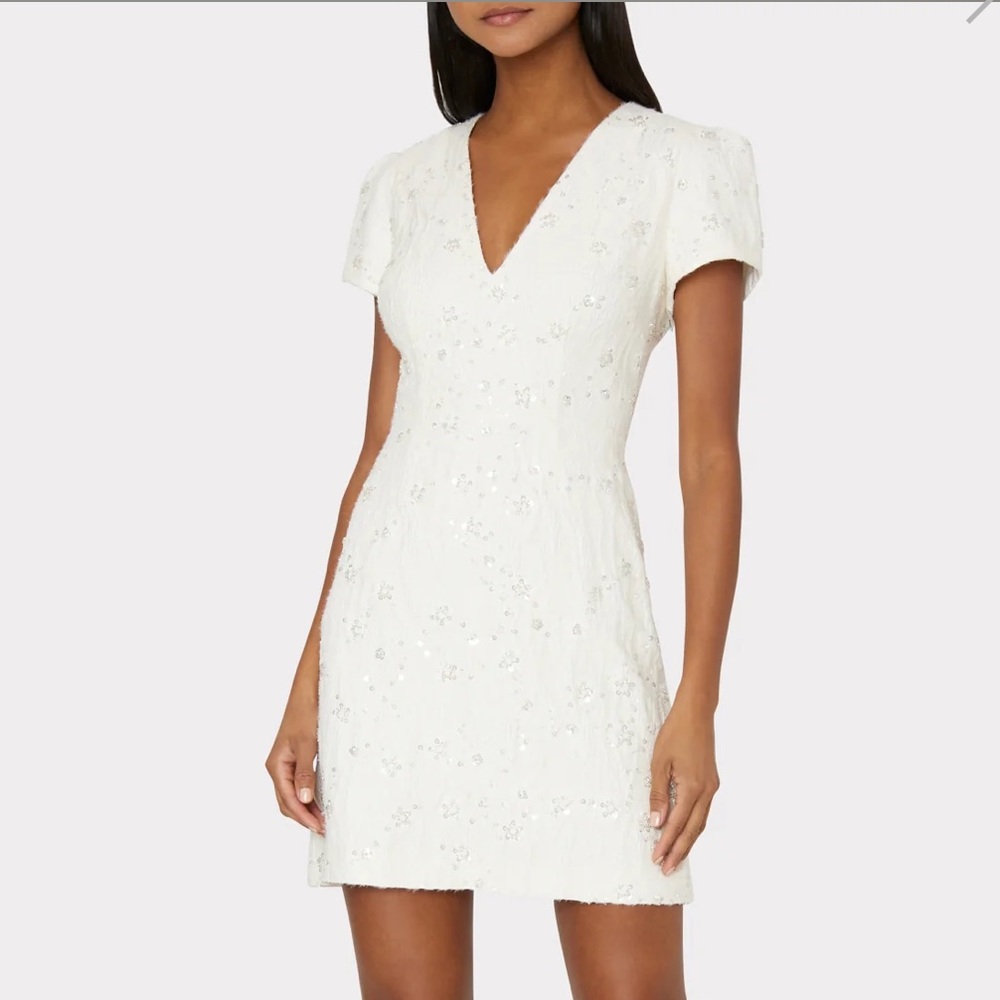 Selling the White Atalie Floral Beaded Short-Sleeve Mini Dress by Milly.